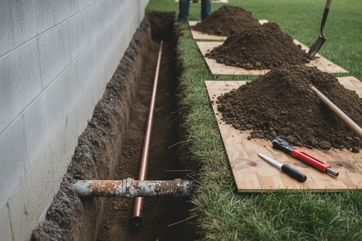 Excavated water line trench during Sewer Line Repair in Hydesville